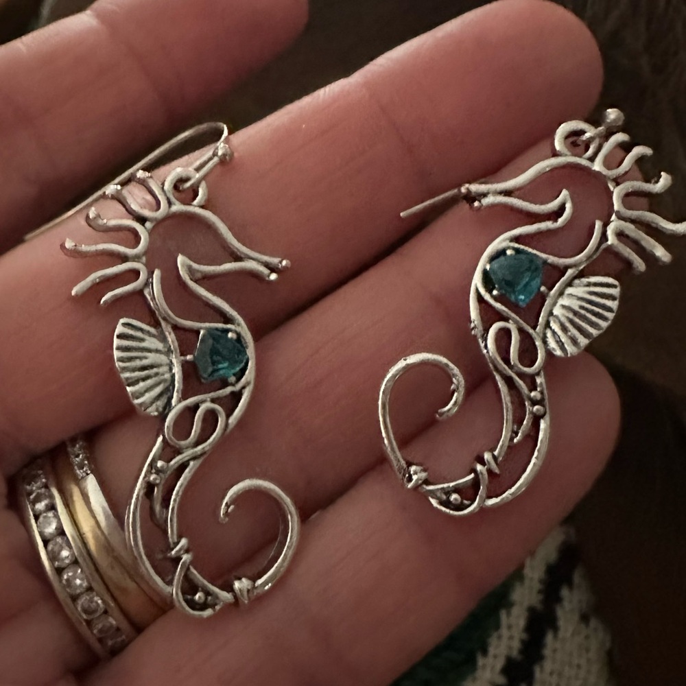 Silver Seahorse Cut Metal Design Drop Earrings